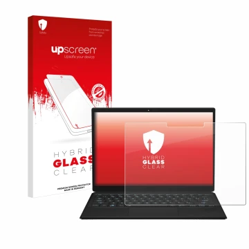 Vorderseite einer Produktverpackung mit dem Markenlogo upscreen. Daneben ist das Gerät ASUS ROG Flow Z13 2023 mit dem zugehöri