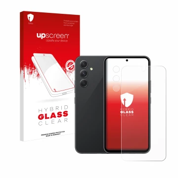 Vorderseite einer Produktverpackung mit dem Markenlogo upscreen. Daneben ist das Gerät Samsung Galaxy A54 5G (Display+Kamera) 