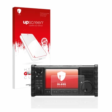 Vorderseite einer Produktverpackung mit dem Markenlogo upscreen. Daneben ist das Gerät Xiegu X6100 HF-Transceiver mit dem zuge