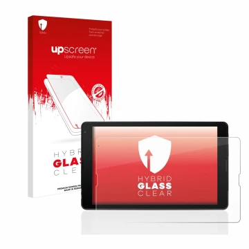Vorderseite einer Produktverpackung mit dem Markenlogo upscreen. Daneben ist das Gerät MEDION Tablet E10421 10,1