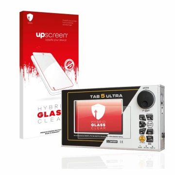 Vorderseite einer Produktverpackung mit dem Markenlogo upscreen. Daneben ist das Gerät Rover TAB 5 ULTRA mit dem zugehörigen D