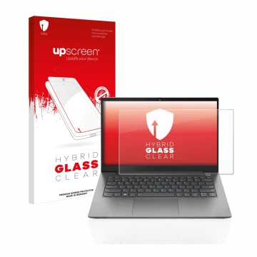 Vorderseite einer Produktverpackung mit dem Markenlogo upscreen. Daneben ist das Gerät Lenovo ThinkBook 14 Gen 4 mit dem zugeh