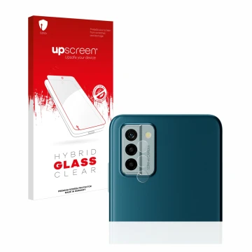 Vorderseite einer Produktverpackung mit dem Markenlogo upscreen. Daneben ist das Gerät Nokia G22 (NUR Kameraschutz) mit dem zu