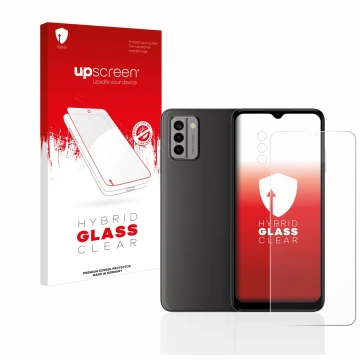 Vorderseite einer Produktverpackung mit dem Markenlogo upscreen. Daneben ist das Gerät Nokia G22 (Display+Kamera) mit dem zuge