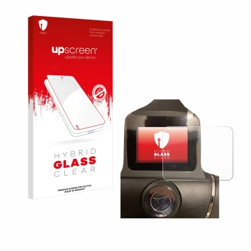 Vorderseite einer Produktverpackung mit dem Markenlogo upscreen. Daneben ist das Gerät Motocaddy M1 DHC Electric Trolley mit d