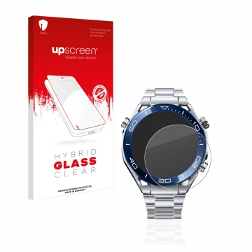 Vorderseite einer Produktverpackung mit dem Markenlogo upscreen. Daneben ist das Gerät Huawei Watch Ultimate (48.5 mm) mit dem