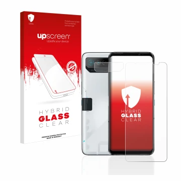 Vorderseite einer Produktverpackung mit dem Markenlogo upscreen. Daneben ist das Gerät ASUS ROG Phone 7 Ultimate (Display+Kame