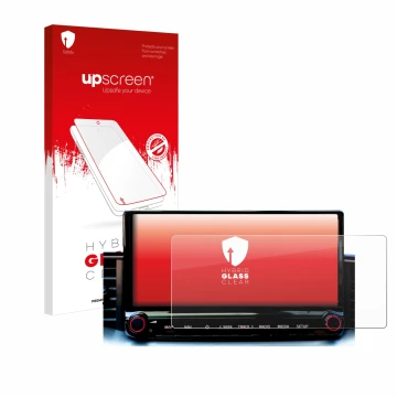 Vorderseite einer Produktverpackung mit dem Markenlogo upscreen. Daneben ist das Gerät Kia Xceed 2023 Infotainment System mit 