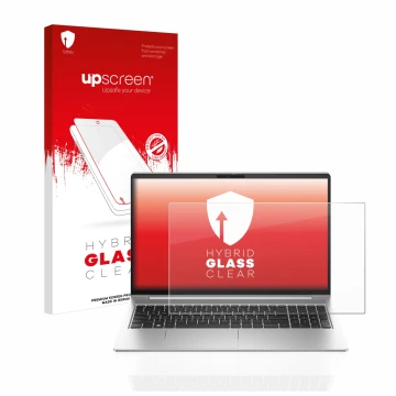 Vorderseite einer Produktverpackung mit dem Markenlogo upscreen. Daneben ist das Gerät HP ProBook 450 G10 mit dem zugehörigen 