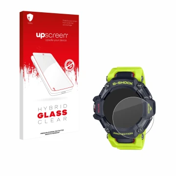 Vorderseite einer Produktverpackung mit dem Markenlogo upscreen. Daneben ist das Gerät Casio G-Shock GBD-H2000 mit dem zugehör