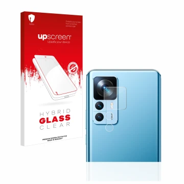 Vorderseite einer Produktverpackung mit dem Markenlogo upscreen. Daneben ist das Gerät Xiaomi 12T (NUR Kameraschutz) mit dem z