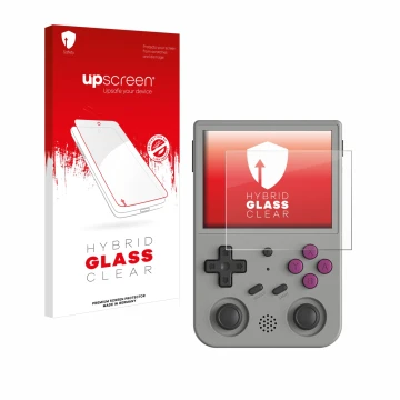 Vorderseite einer Produktverpackung mit dem Markenlogo upscreen. Daneben ist das Gerät Anbernic RG353V mit dem zugehörigen Dis