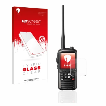 Vorderseite einer Produktverpackung mit dem Markenlogo upscreen. Daneben ist das Gerät Standard Horizon HX890 mit dem zugehöri