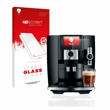 Vorderseite einer Produktverpackung mit dem Markenlogo upscreen. Daneben ist das Gerät Jura J8 mit dem zugehörigen Displayschu