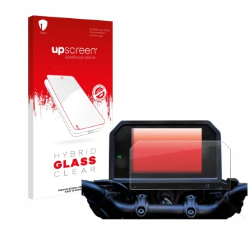 Vorderseite einer Produktverpackung mit dem Markenlogo upscreen. Daneben ist das Gerät Yamaha Tracer 9 GT+ 2023 mit dem zugehö