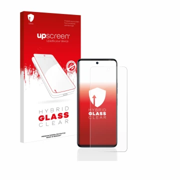 Vorderseite einer Produktverpackung mit dem Markenlogo upscreen. Daneben ist das Gerät Tecno Camon 20 mit dem zugehörigen Disp