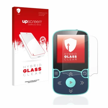 Vorderseite einer Produktverpackung mit dem Markenlogo upscreen. Daneben ist das Gerät AGPtek A65X MP3 Player with clip mit de