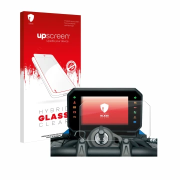 Vorderseite einer Produktverpackung mit dem Markenlogo upscreen. Daneben ist das Gerät Suzuki GSX-8S 2023 mit dem zugehörigen 