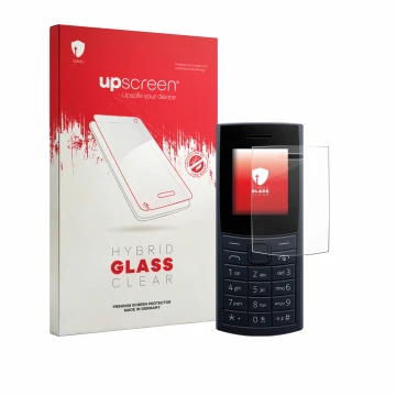 Vorderseite einer Produktverpackung mit dem Markenlogo upscreen. Daneben ist das Gerät Nokia 110 4G (2023) mit dem zugehörigen