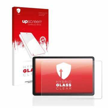 Vorderseite einer Produktverpackung mit dem Markenlogo upscreen. Daneben ist das Gerät Amazon Fire Max 11 mit dem zugehörigen 