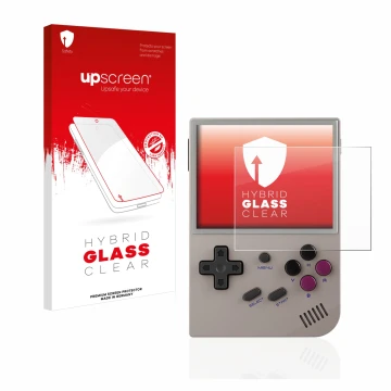 Vorderseite einer Produktverpackung mit dem Markenlogo upscreen. Daneben ist das Gerät Anbernic RG35XX mit dem zugehörigen Dis