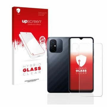 Vorderseite einer Produktverpackung mit dem Markenlogo upscreen. Daneben ist das Gerät Xiaomi Redmi 12C (Display+Kamera) mit d