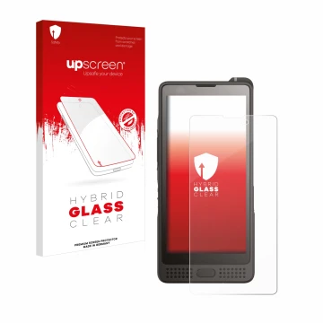 Vorderseite einer Produktverpackung mit dem Markenlogo upscreen. Daneben ist das Gerät Sonim XP10 mit dem zugehörigen Displays