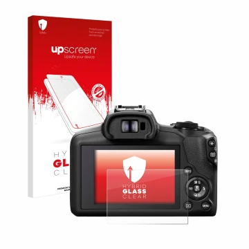 Vorderseite einer Produktverpackung mit dem Markenlogo upscreen. Daneben ist das Gerät Canon EOS R100 mit dem zugehörigen Disp