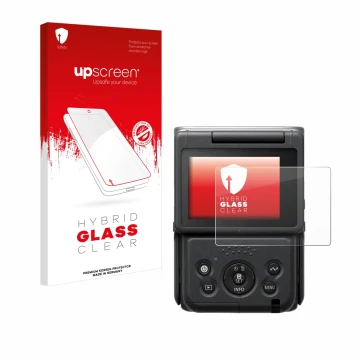 Vorderseite einer Produktverpackung mit dem Markenlogo upscreen. Daneben ist das Gerät Canon PowerShot V10 Vlog Camera mit dem