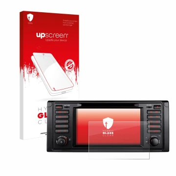 Vorderseite einer Produktverpackung mit dem Markenlogo upscreen. Daneben ist das Gerät Xtrons IQ7039B mit dem zugehörigen Disp