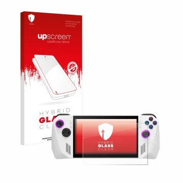 Vorderseite einer Produktverpackung mit dem Markenlogo upscreen. Daneben ist das Gerät ASUS ROG Ally (2023) RC71L mit dem zuge