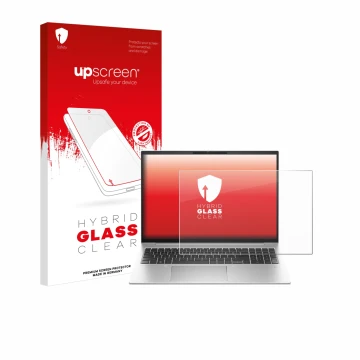 Vorderseite einer Produktverpackung mit dem Markenlogo upscreen. Daneben ist das Gerät HP EliteBook 860 G10 mit dem zugehörige