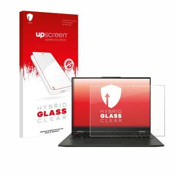 Vorderseite einer Produktverpackung mit dem Markenlogo upscreen. Daneben ist das Gerät ASUS Vivobook S 16 Flip OLED TP3604 mit