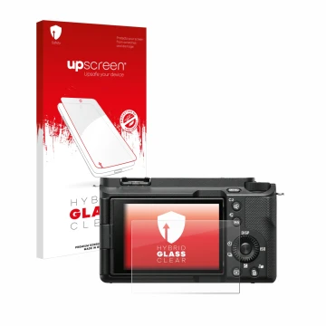 Vorderseite einer Produktverpackung mit dem Markenlogo upscreen. Daneben ist das Gerät Sony Alpha ZV-E1 mit dem zugehörigen Di