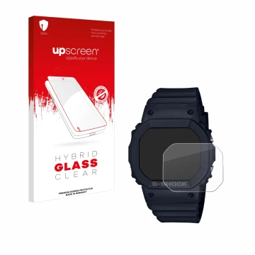 Vorderseite einer Produktverpackung mit dem Markenlogo upscreen. Daneben ist das Gerät Casio G-Shock GMD-S5600 mit dem zugehör