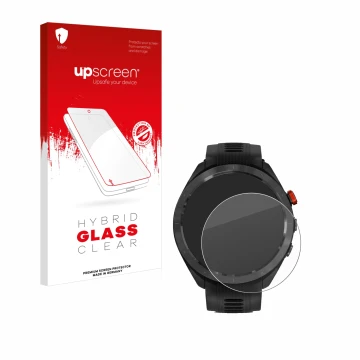 Vorderseite einer Produktverpackung mit dem Markenlogo upscreen. Daneben ist das Gerät Garmin Approach S70 (47 mm) mit dem zug