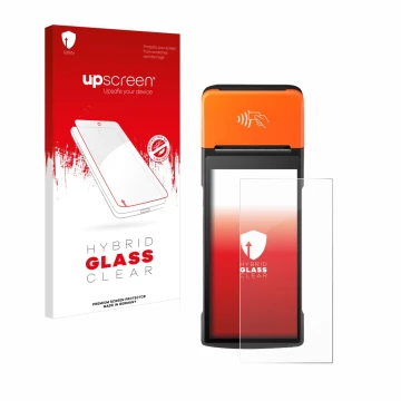 Vorderseite einer Produktverpackung mit dem Markenlogo upscreen. Daneben ist das Gerät Sunmi V2 Pro mit dem zugehörigen Displa