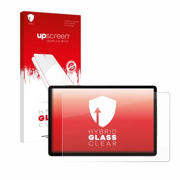 Vorderseite einer Produktverpackung mit dem Markenlogo upscreen. Daneben ist das Gerät Samsung Galaxy Tab S9 5G mit dem zugehö