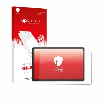 Vorderseite einer Produktverpackung mit dem Markenlogo upscreen. Daneben ist das Gerät Samsung Galaxy Tab S9 Plus 5G mit dem z