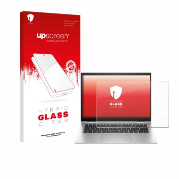 Vorderseite einer Produktverpackung mit dem Markenlogo upscreen. Daneben ist das Gerät HP EliteBook x360 1040 G10 mit dem zuge