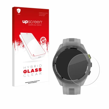 Vorderseite einer Produktverpackung mit dem Markenlogo upscreen. Daneben ist das Gerät Garmin Approach S70 (42 mm) mit dem zug