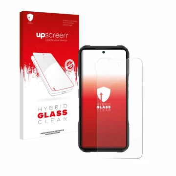 Vorderseite einer Produktverpackung mit dem Markenlogo upscreen. Daneben ist das Gerät Doogee V20 Pro mit dem zugehörigen Disp