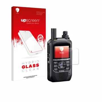 Vorderseite einer Produktverpackung mit dem Markenlogo upscreen. Daneben ist das Gerät Icom ID-50E mit dem zugehörigen Display