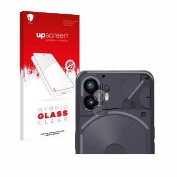 Vorderseite einer Produktverpackung mit dem Markenlogo upscreen. Daneben ist das Gerät Nothing Phone (2) (NUR Kameraschutz) mi