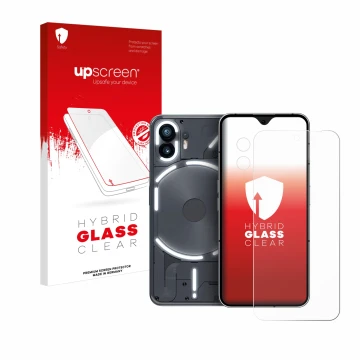 Vorderseite einer Produktverpackung mit dem Markenlogo upscreen. Daneben ist das Gerät Nothing Phone (2) (Display+Kamera) mit 