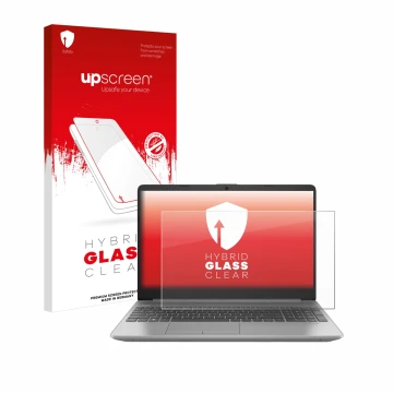 Vorderseite einer Produktverpackung mit dem Markenlogo upscreen. Daneben ist das Gerät HP 250 G9 mit dem zugehörigen Displaysc