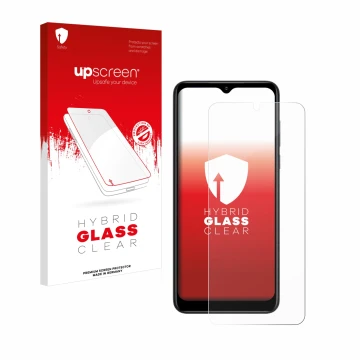 Vorderseite einer Produktverpackung mit dem Markenlogo upscreen. Daneben ist das Gerät ZTE Blade V50 Design 5G mit dem zugehör