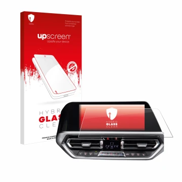 Vorderseite einer Produktverpackung mit dem Markenlogo upscreen. Daneben ist das Gerät BMW 3 G20 2020 mit dem zugehörigen Disp