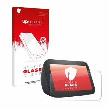 Vorderseite einer Produktverpackung mit dem Markenlogo upscreen. Daneben ist das Gerät Amazon Echo Show 5 (3. Gen.) mit dem zu