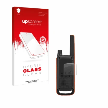 Vorderseite einer Produktverpackung mit dem Markenlogo upscreen. Daneben ist das Gerät Motorola Talkabout T82 mit dem zugehöri